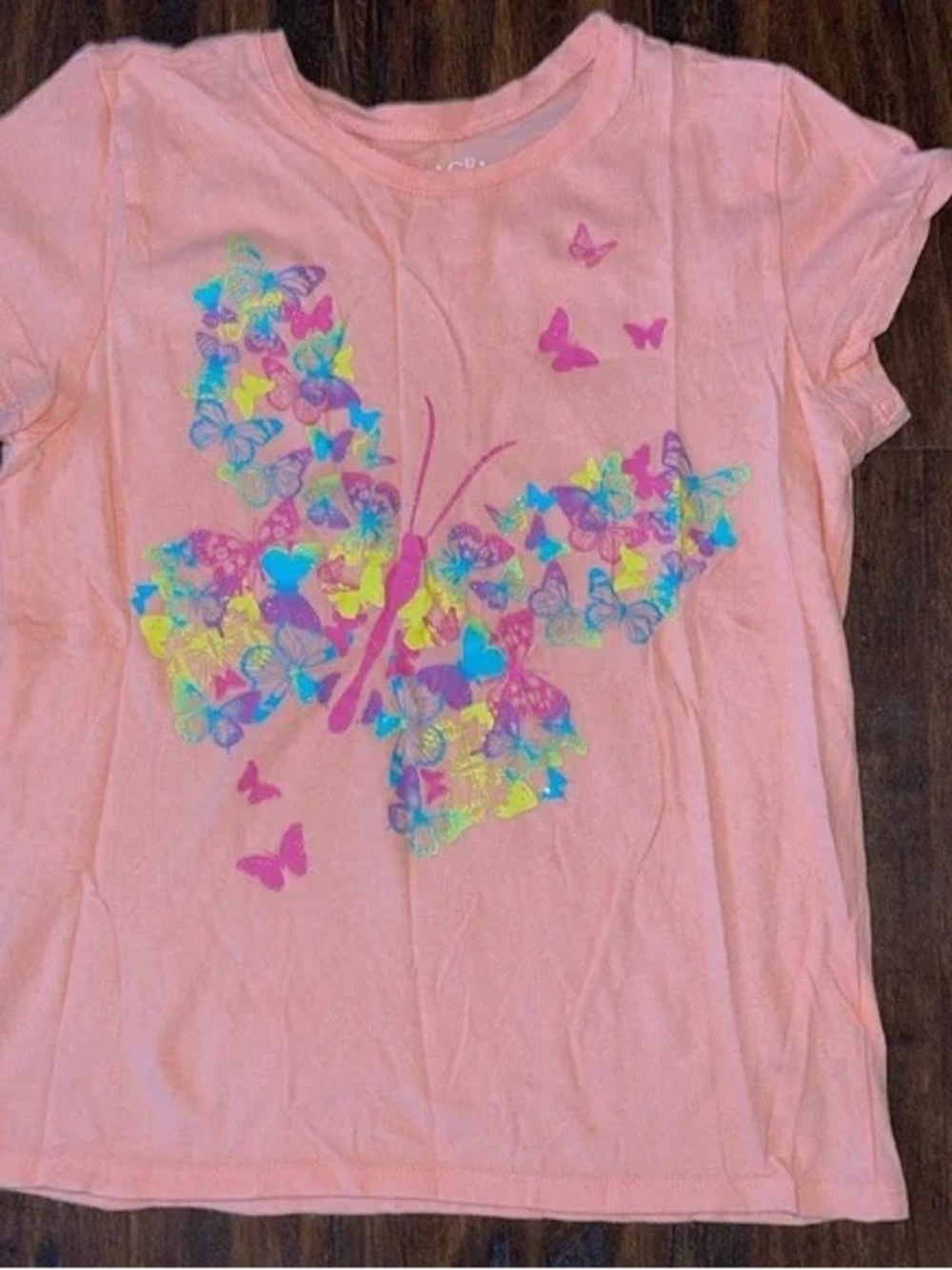 Place Peach-Pink Short Sleeve Tee with Neon Butterfly Cluster